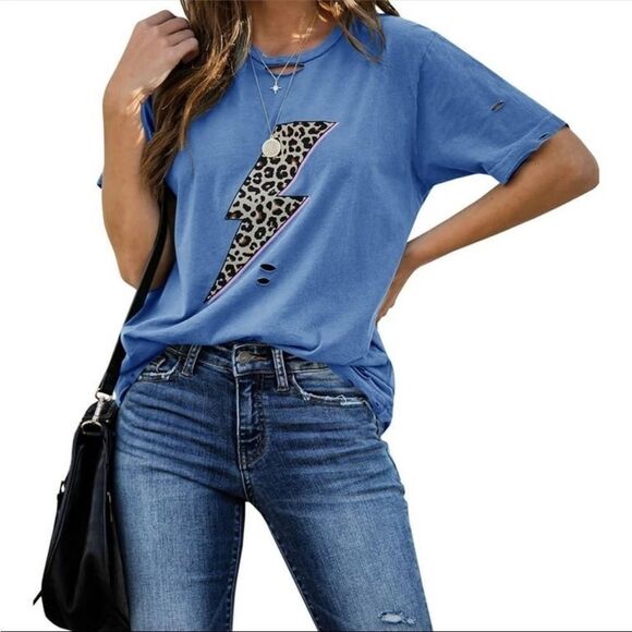 Tops - Leopard Lightning Bolt XL Blue Distressed T Shirt